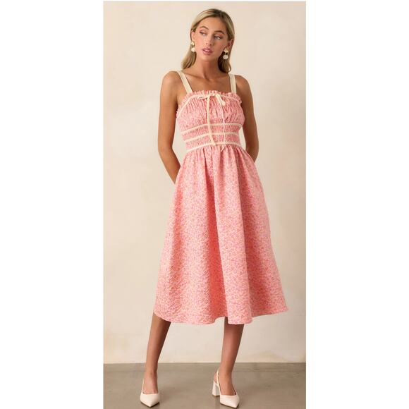 Entro Always A‎ Romantic Coral Floral Jacquard Midi Dress Pockets Size Large - Picture 1 of 13